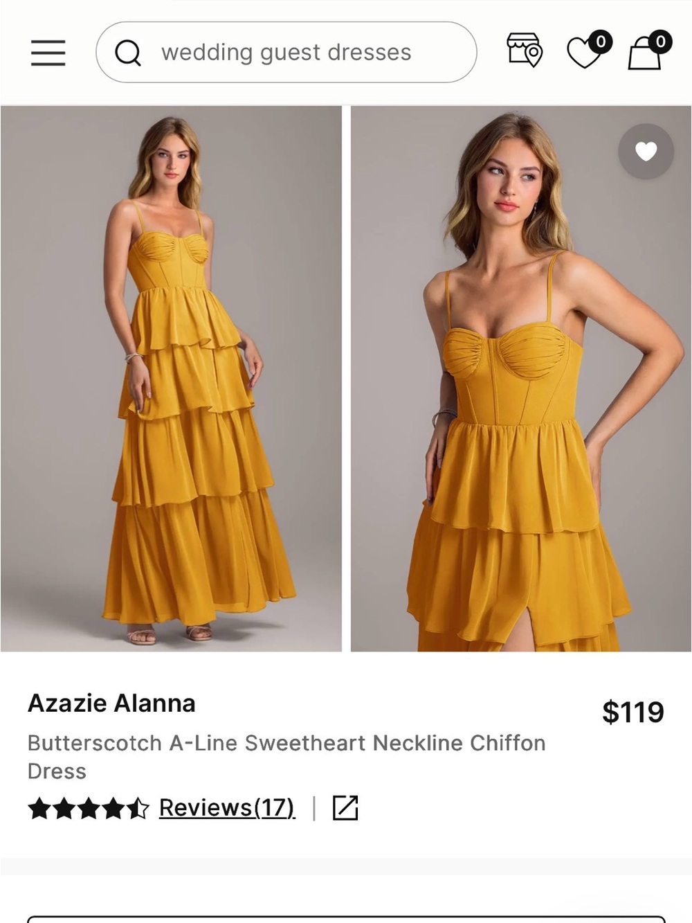 Azazie Butterscotch Alanna Tiered Chiffon Maxi Dress